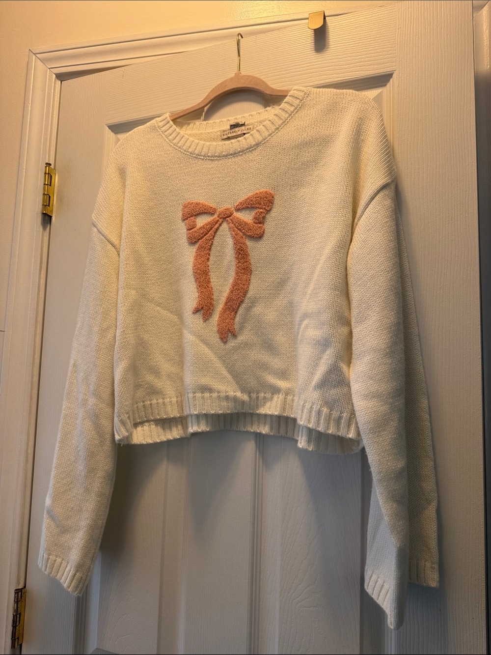Sincerely Jules Cream Crewneck Sweater with Pink Bow Accent